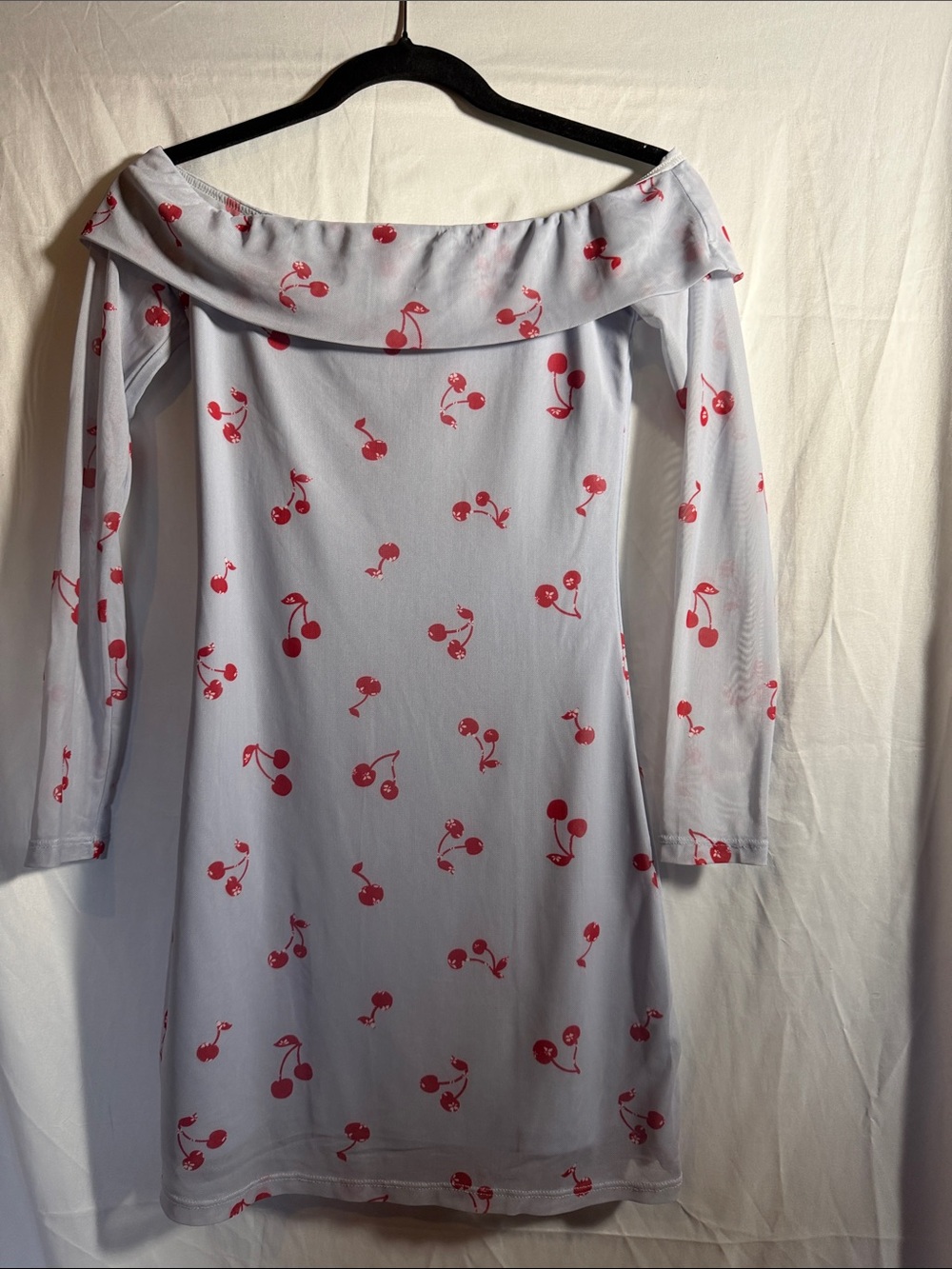 Tinseltown Light Blue Off-Shoulder Mini Dress with Red Cherry Print